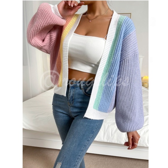 Multicolor Color-block Open Front Cardigan Long Sleeve - Picture 8 of 10